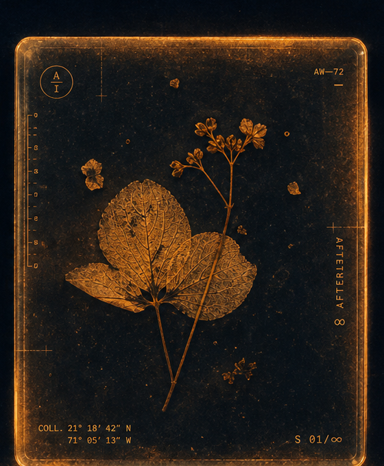 Pressed botanical specimen suspended in a luminous amber archive plate